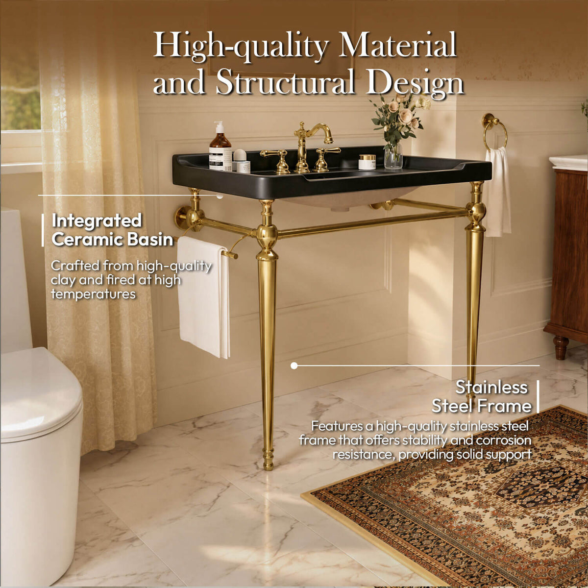 36 inch black ceramic console sink gold legs ceramic basin and stainless steel frame