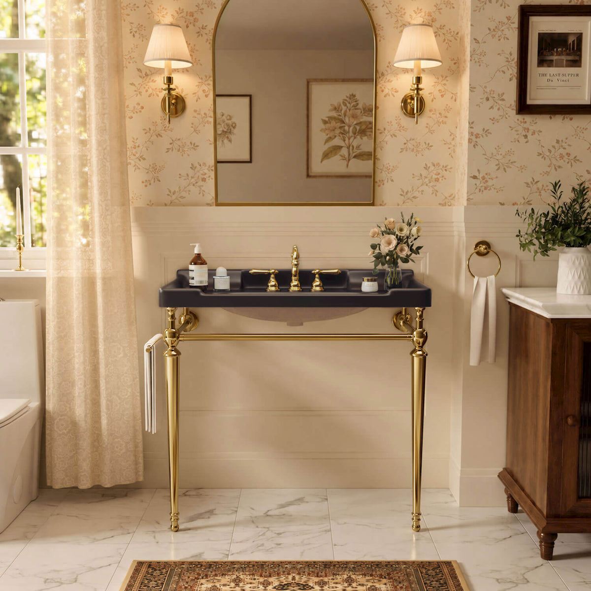 36 inch black ceramic console sink gold legs front bathroom view