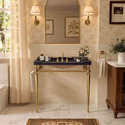36 inch black ceramic console sink gold legs front bathroom view