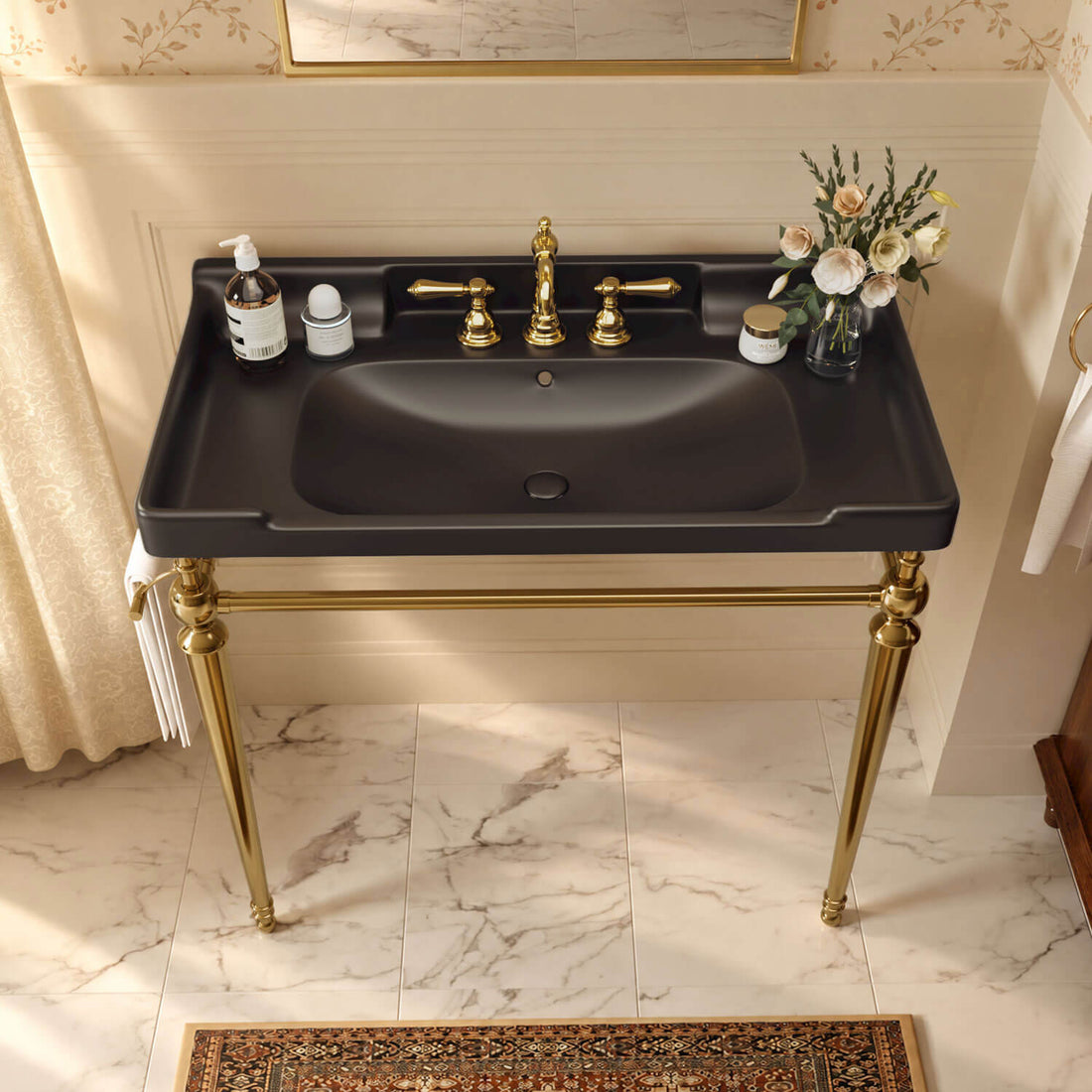 36 inch black ceramic console sink gold legs front overhead basin view