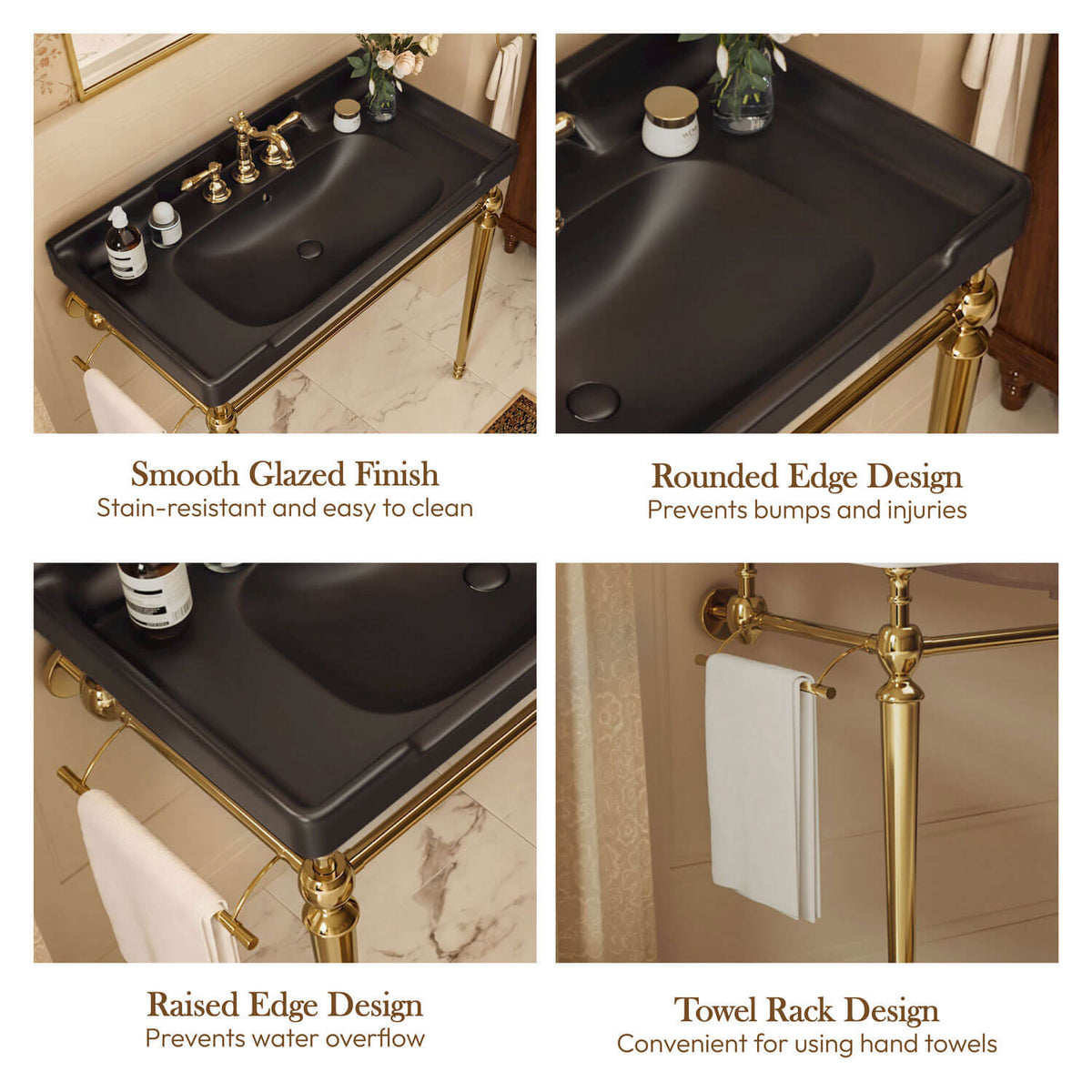 36 inch black ceramic console sink gold legs glazed basin rounded edge towel rack details