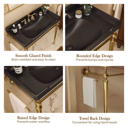36 inch black ceramic console sink gold legs glazed basin rounded edge towel rack details