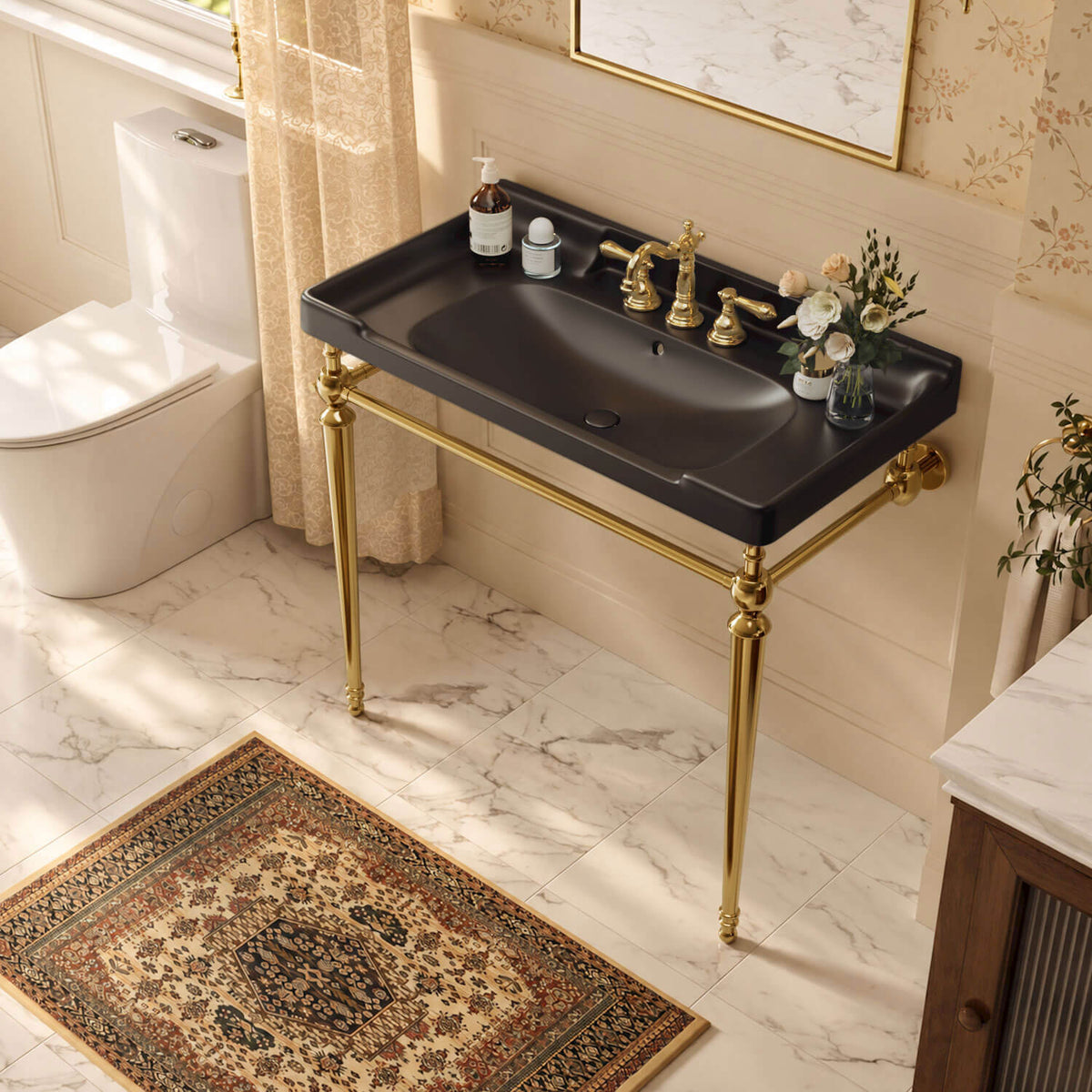 36 inch black ceramic console sink gold legs high angle bathroom view