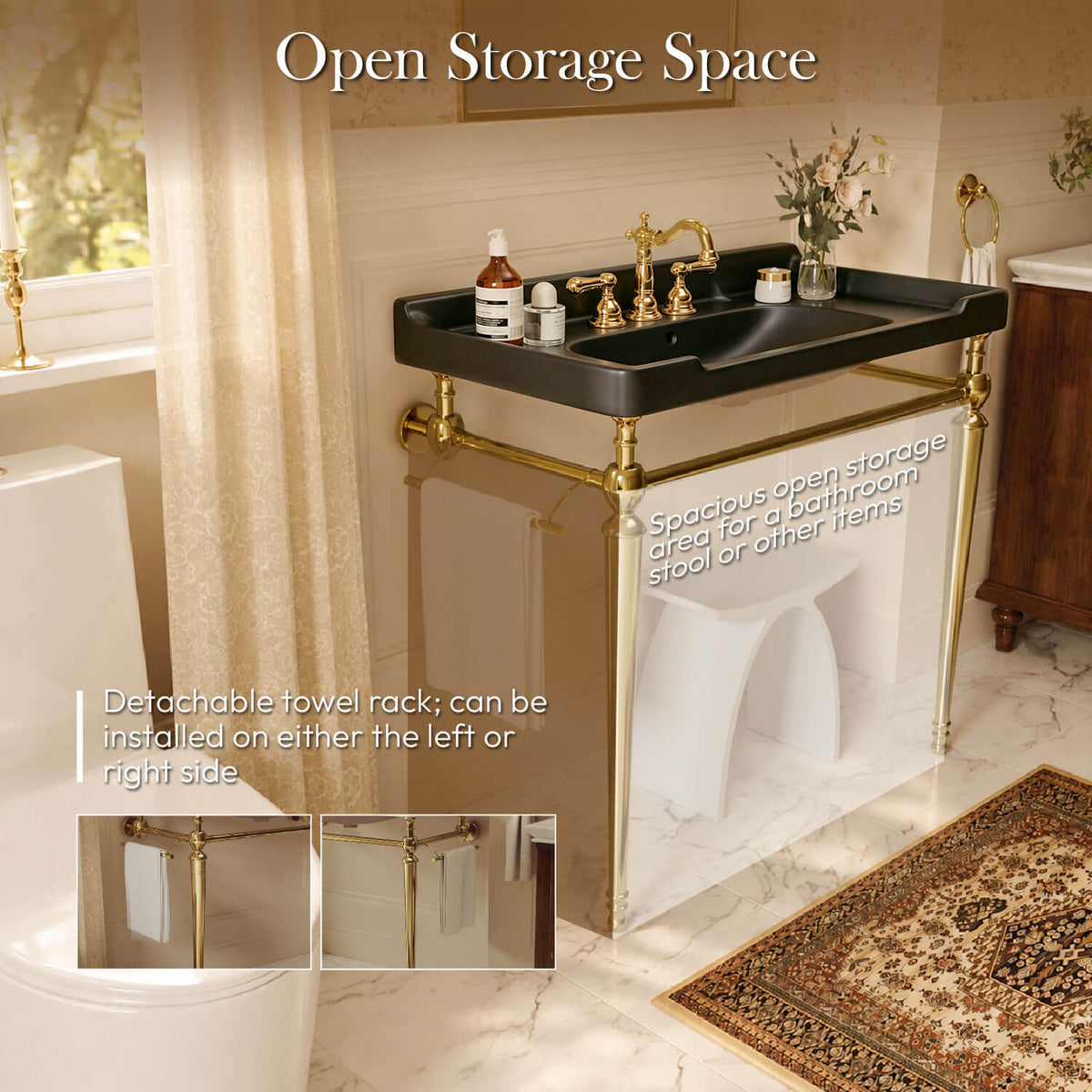 36 inch black ceramic console sink gold legs open storage and detachable towel rack