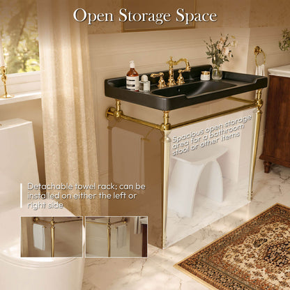 36 inch black ceramic console sink gold legs open storage and detachable towel rack