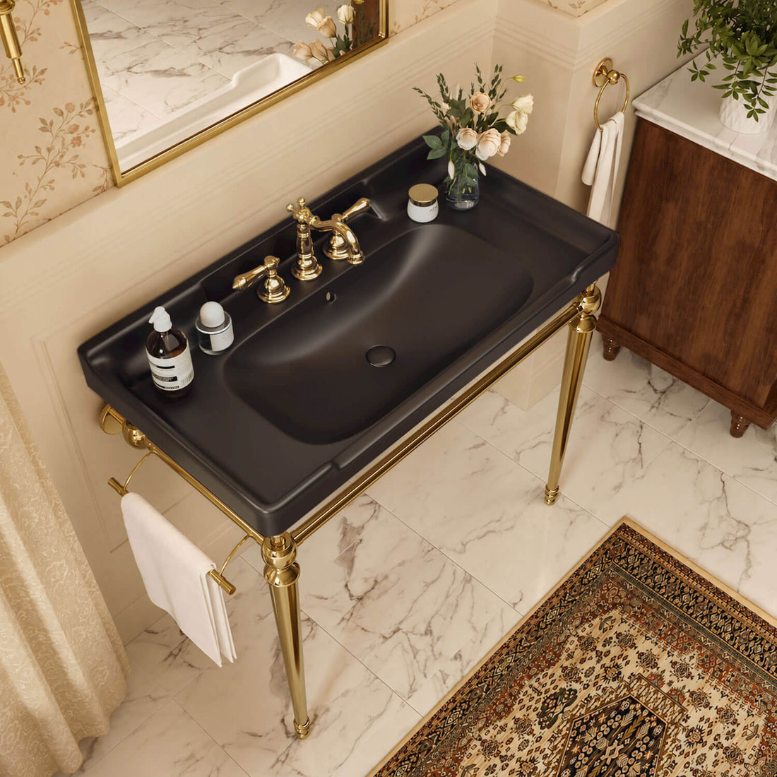 36 inch black ceramic console sink gold legs overhead bathroom view