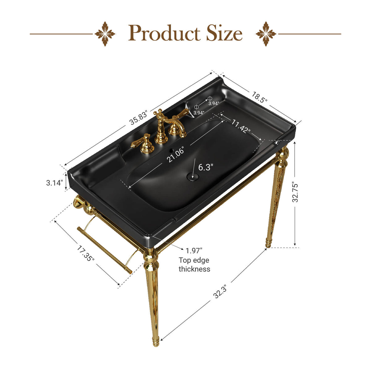 36 inch black ceramic console sink gold legs product dimensions diagram