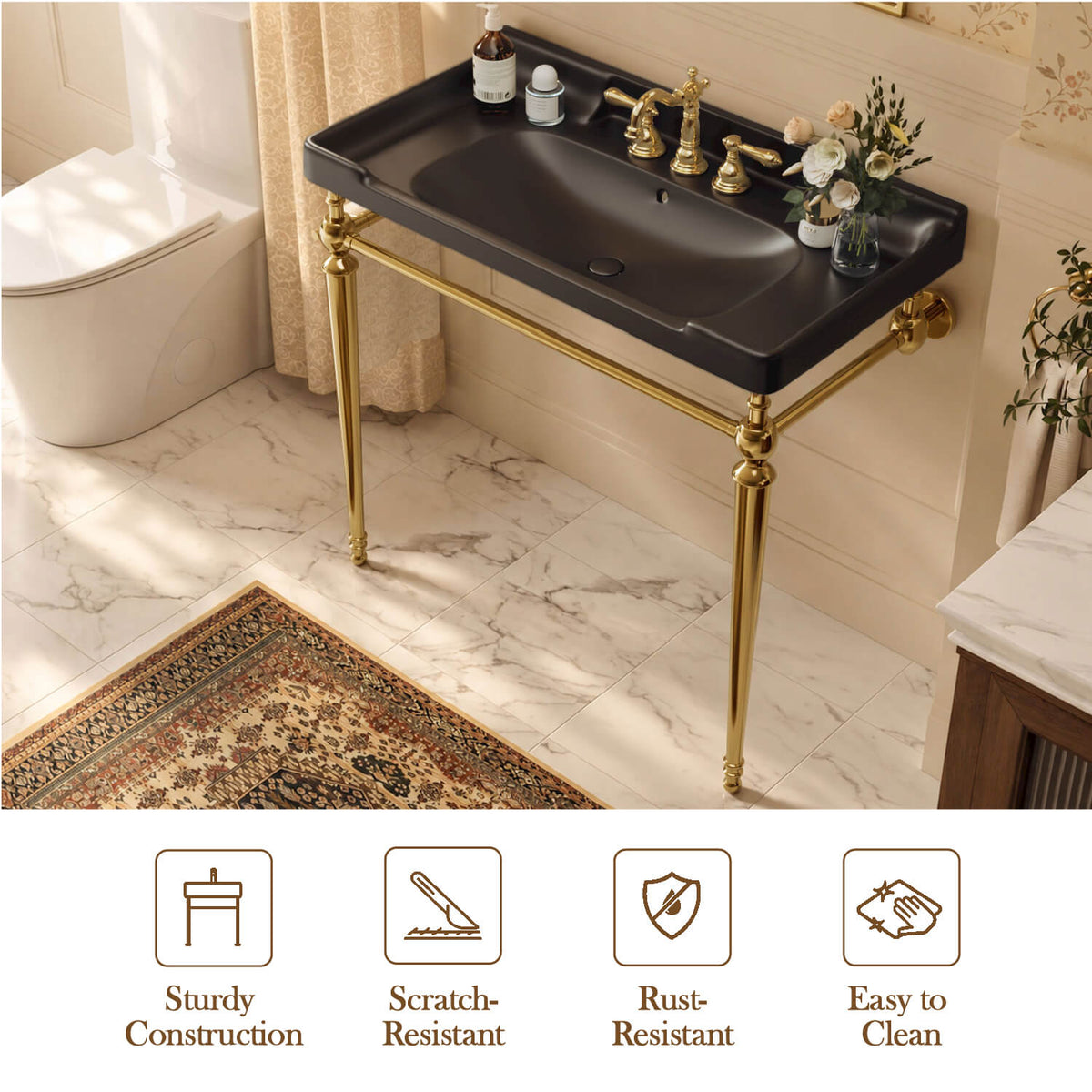 36 inch black ceramic console sink gold legs scratch resistant easy clean features