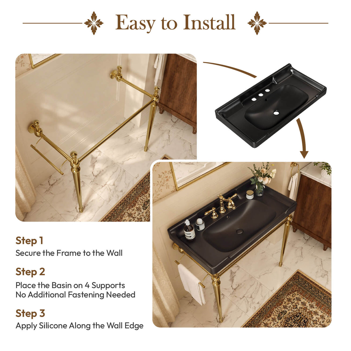 36 inch black ceramic console sink gold legs wall mounted installation steps