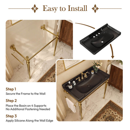 36 inch black ceramic console sink gold legs wall mounted installation steps