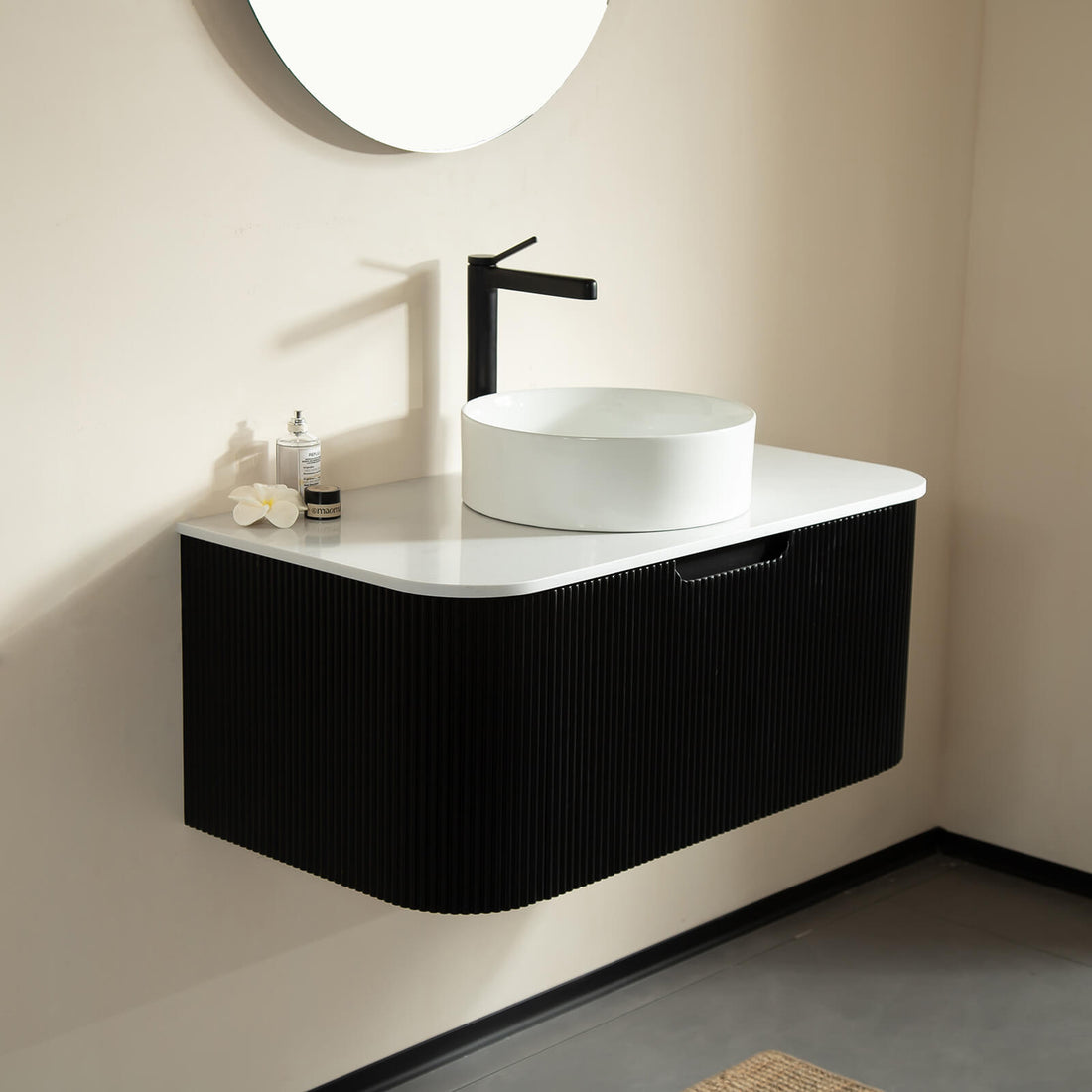 36 inch black floating bathroom vanity with round vessel sink