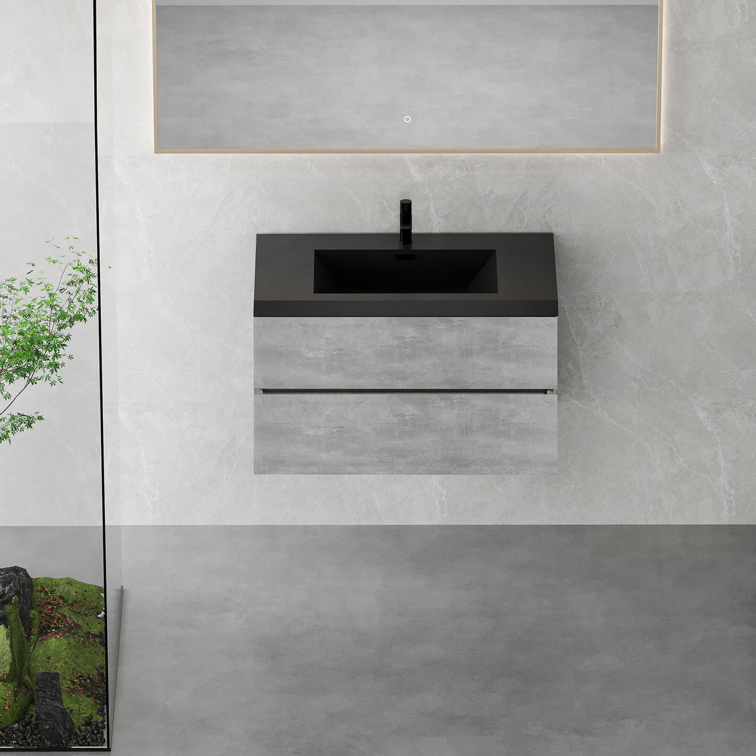 36 inch cement gray floating bathroom vanity with black quartz countertop