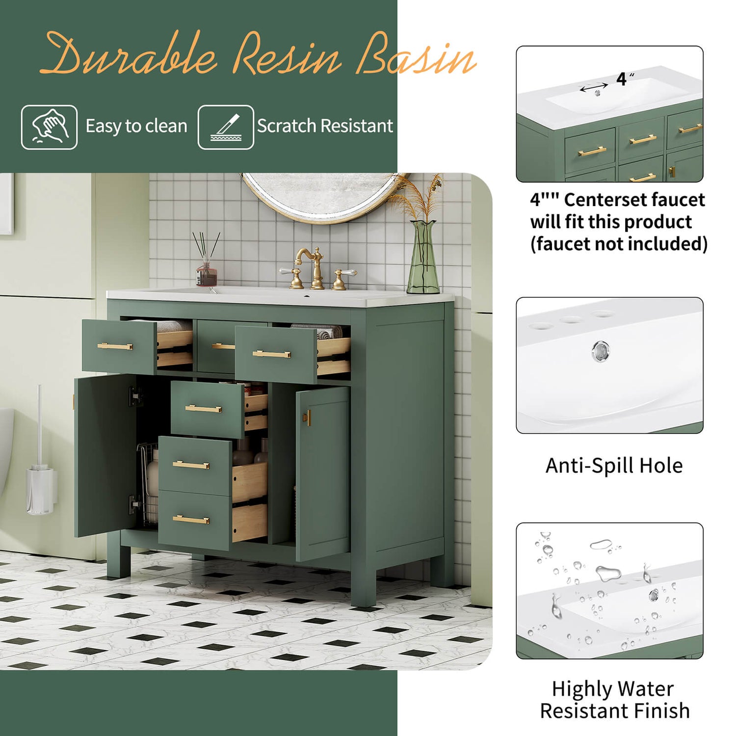 36&quot; Green Bathroom Storage Vanity with 3-Hole Top