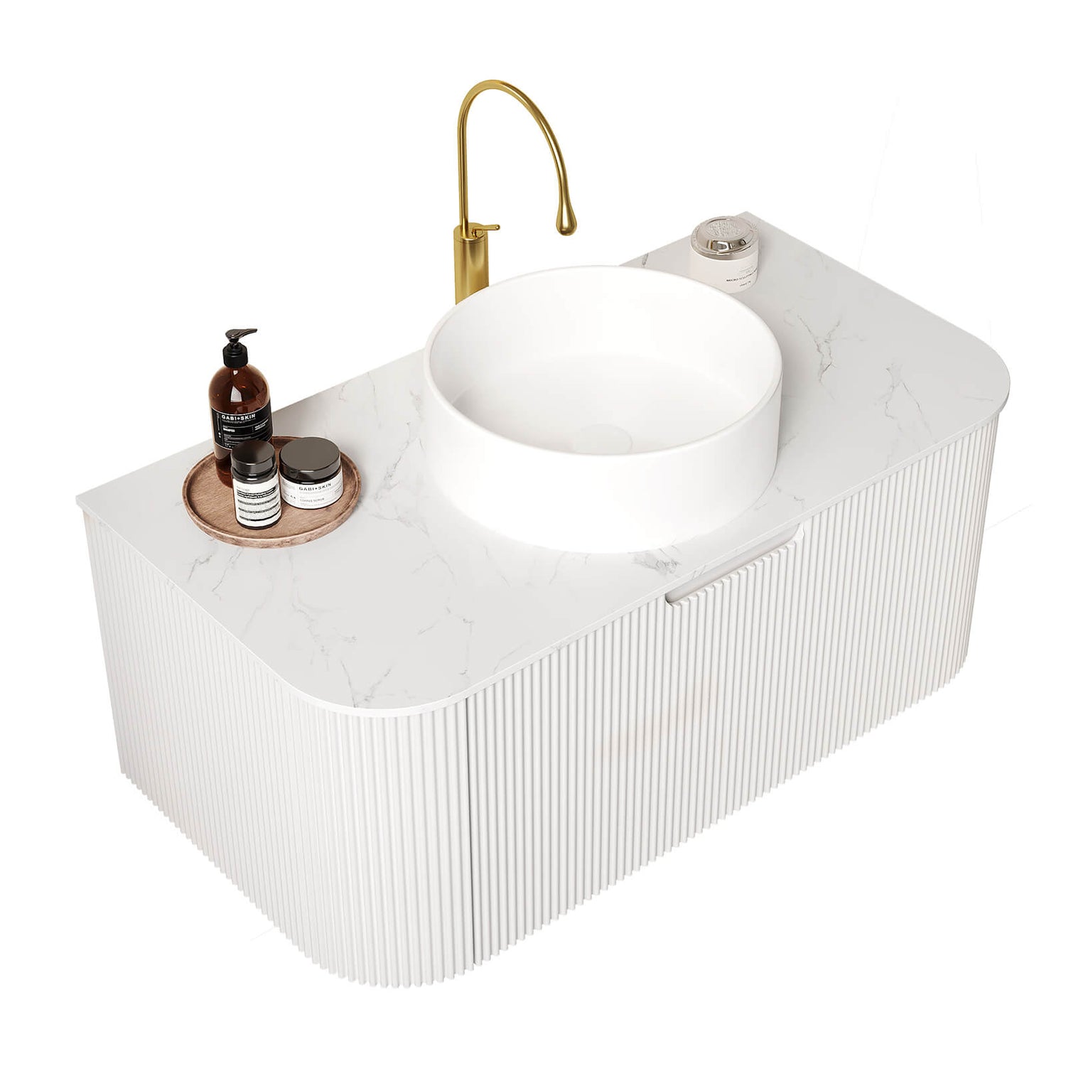 36 inch curved edge wall mounted vanity in minimalist white design