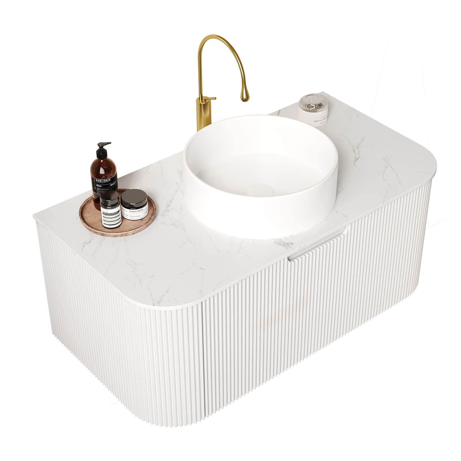 36 inch curved edge wall mounted vanity in minimalist white design