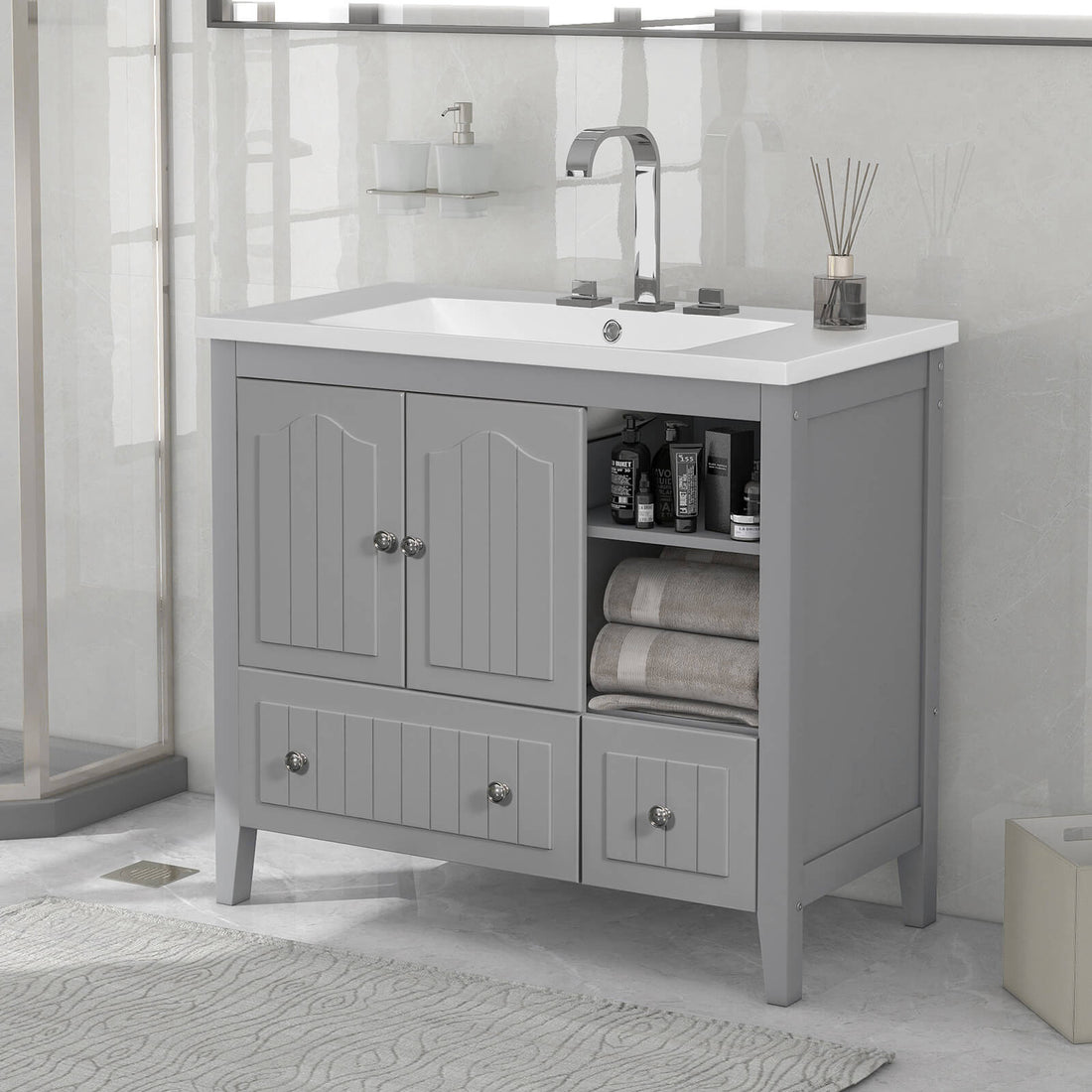36" Gray Bathroom Vanity with Ceramic Sink