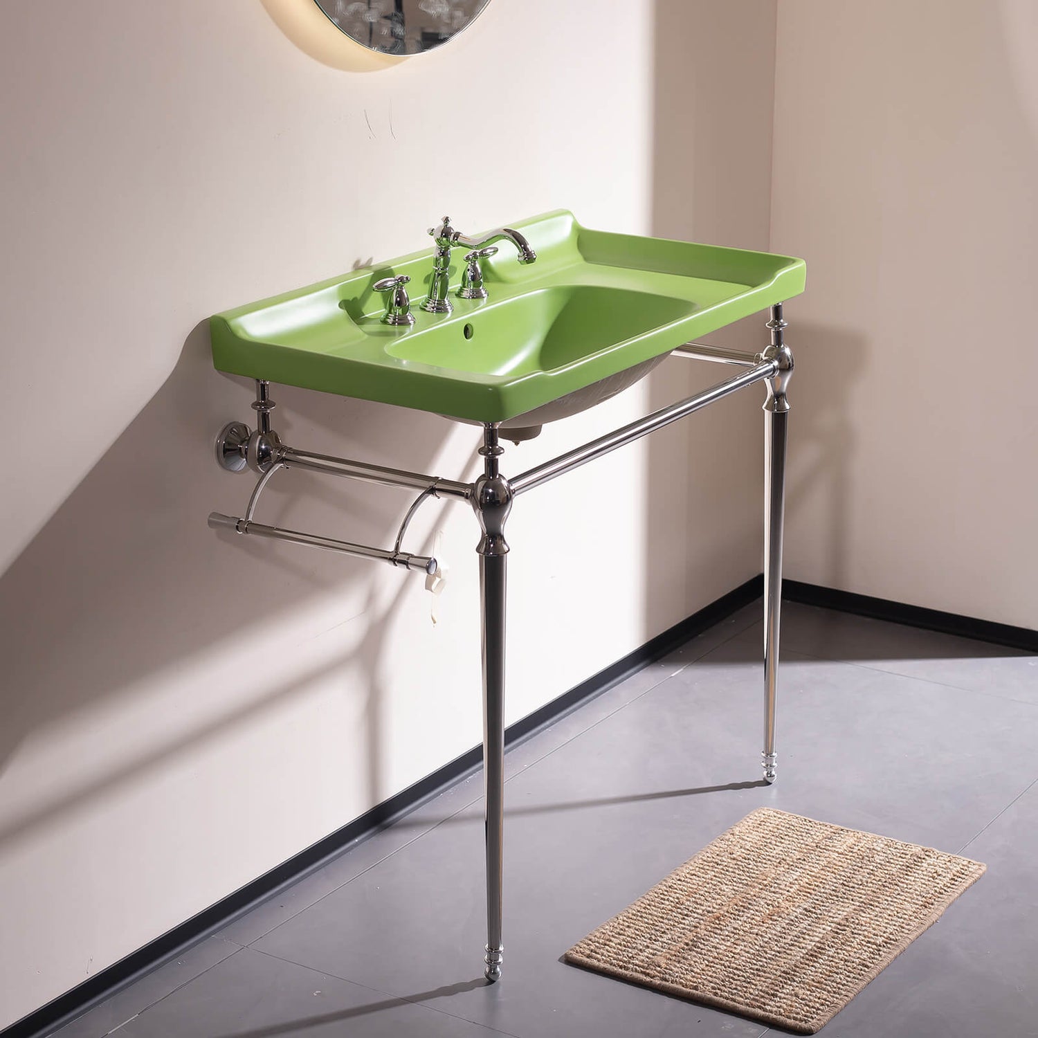 36 inch green ceramic console bathroom sink with chrome legs