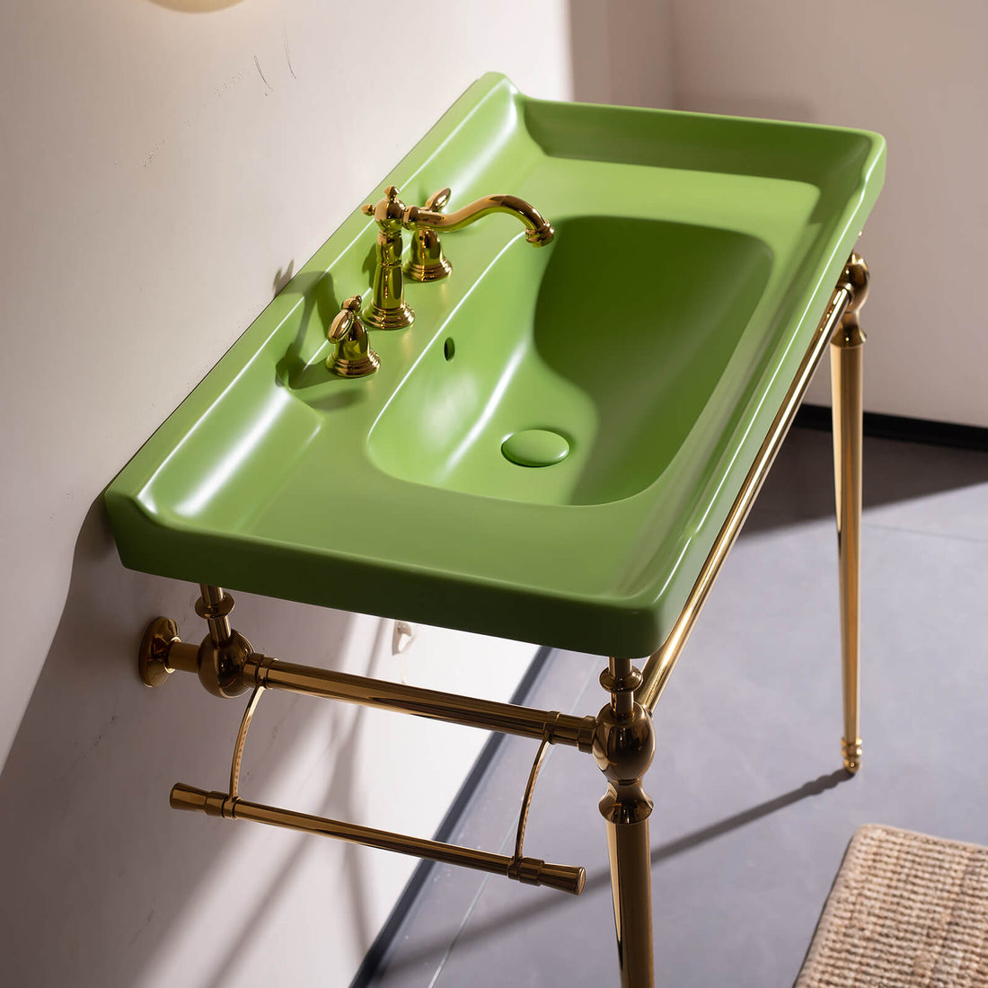 36 inch green ceramic console bathroom sink with gold legs   nature inspired vanity