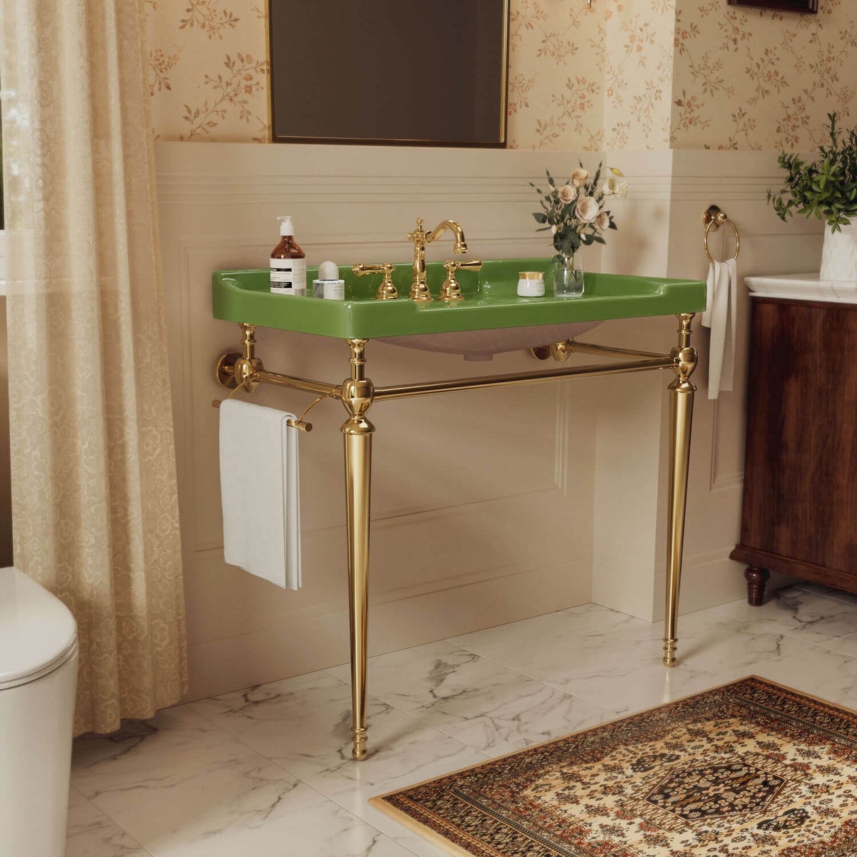 36 inch green ceramic console sink gold legs angled side view with towel rack