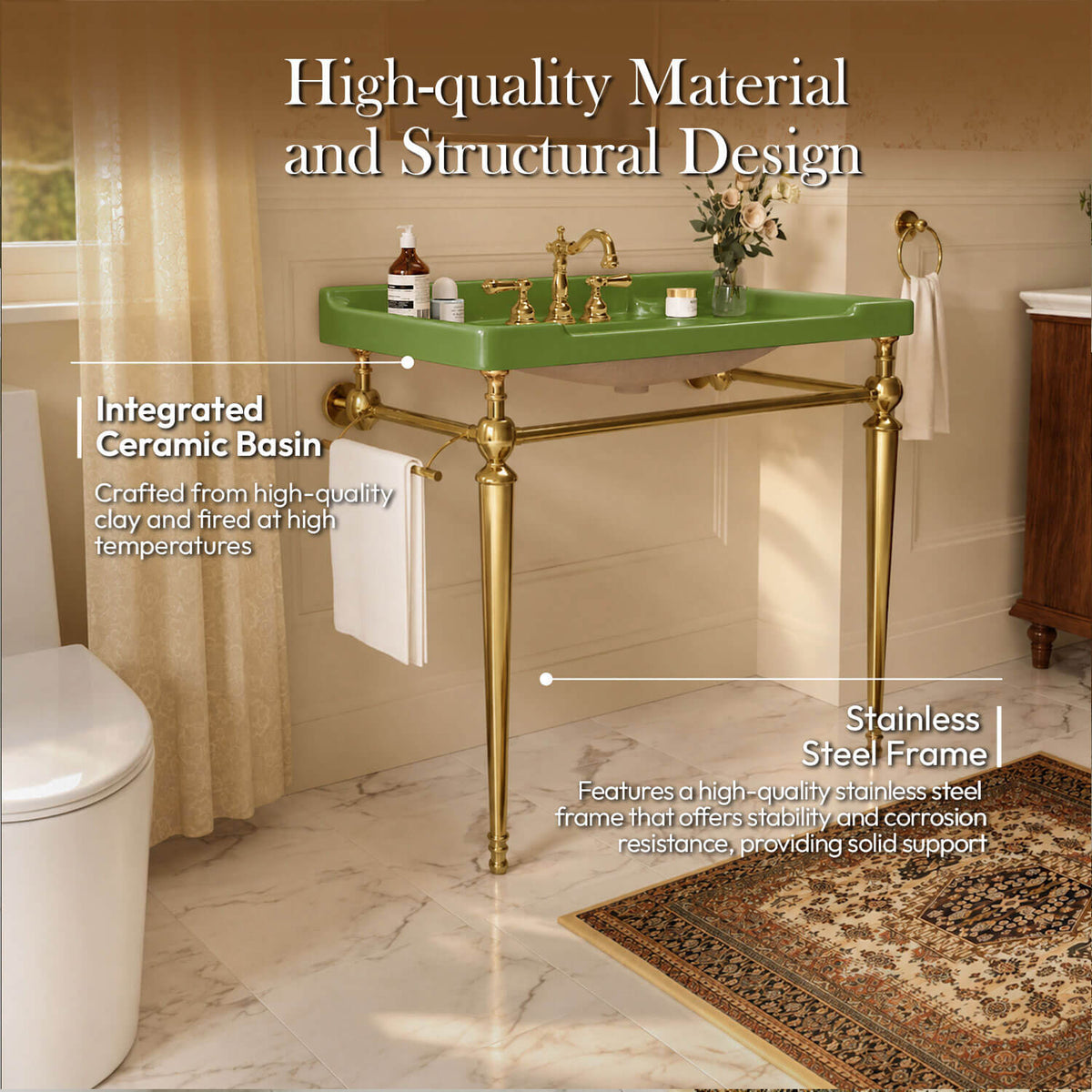 36 inch green ceramic console sink gold legs ceramic basin and stainless steel frame