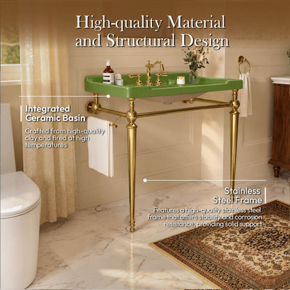 36 inch green ceramic console sink gold legs ceramic basin and stainless steel frame