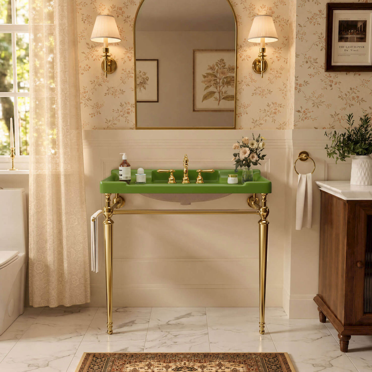 36 inch green ceramic console sink gold legs front bathroom view