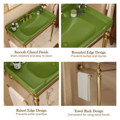 36 inch green ceramic console sink gold legs glazed basin rounded edge towel rack details