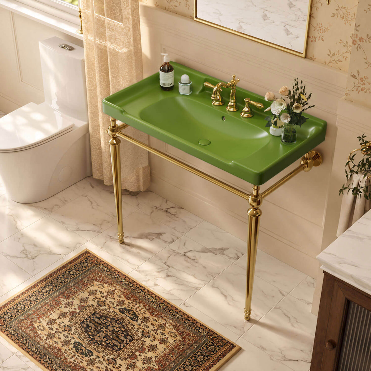 36 inch green ceramic console sink gold legs high angle bathroom view