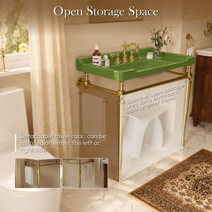 36 inch green ceramic console sink gold legs open storage and detachable towel rack