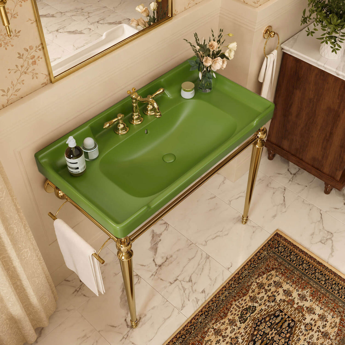 36 inch green ceramic console sink gold legs overhead bathroom view with towel rack