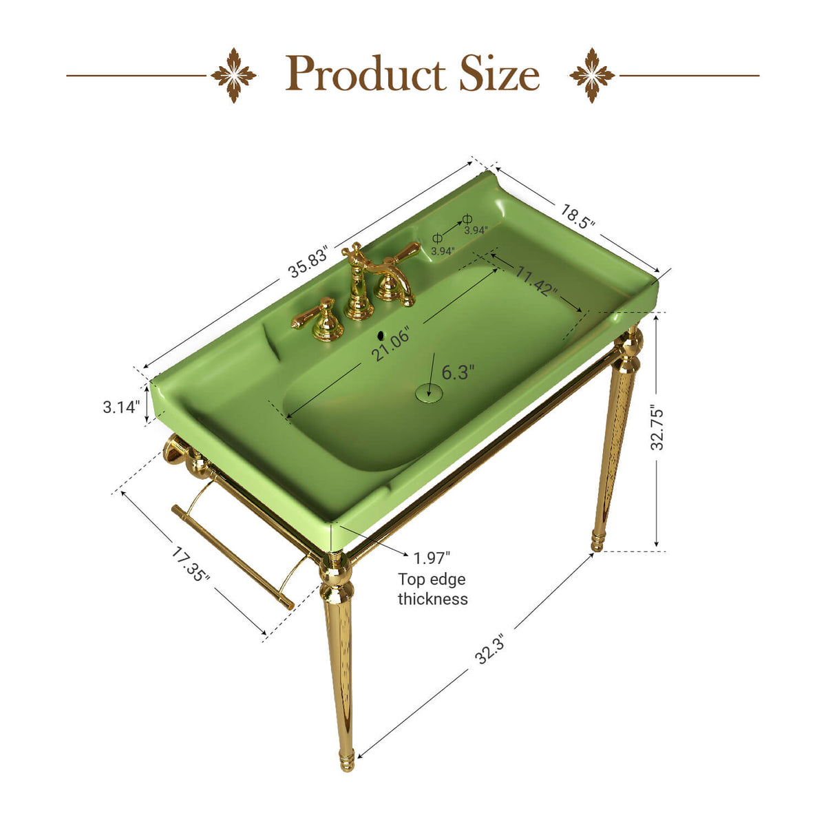 36 inch green ceramic console sink gold legs product dimensions diagram