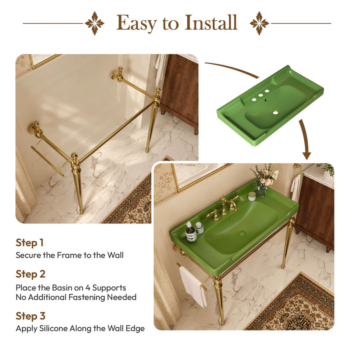 36 inch green ceramic console sink gold legs wall mounted installation steps