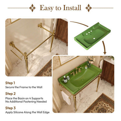 36 inch green ceramic console sink gold legs wall mounted installation steps