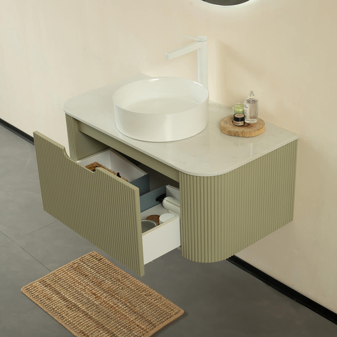 36 inch green floating bathroom vanity with round vessel sink
