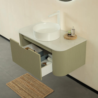 36 inch green floating bathroom vanity with round vessel sink