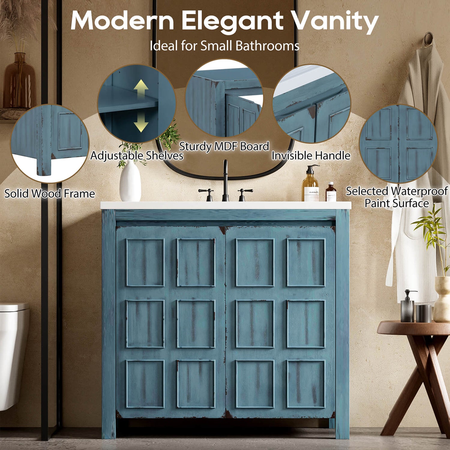 36 inch vintage blue bathroom vanity with grid patterned doors_ details of various parts