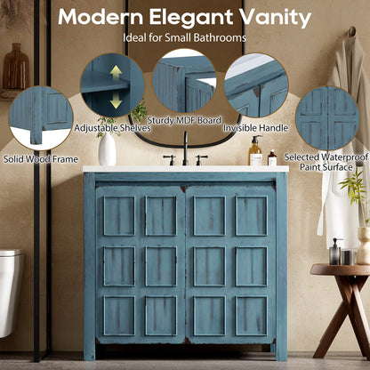 36 inch vintage blue bathroom vanity with grid patterned doors_ details of various parts