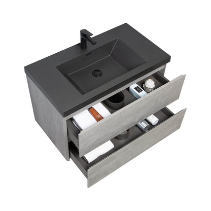 36 inch wall mounted vanity with soft close hinges and smart storage