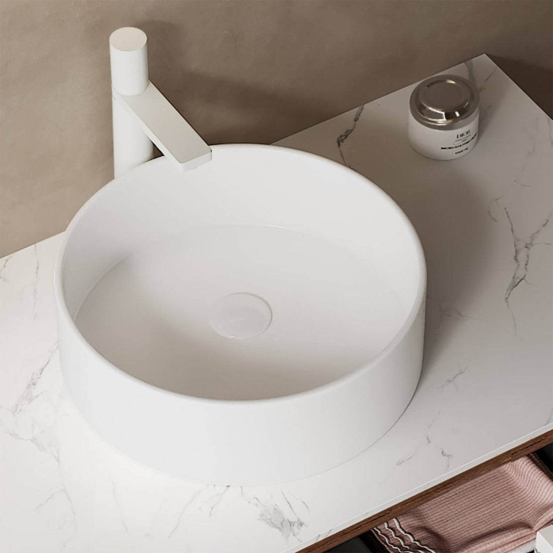 36 inch walnut wall mounted bathroom vanity with round ceramic vessel sink