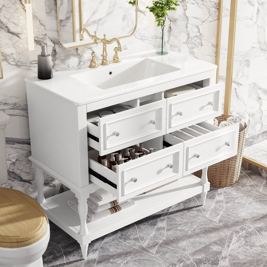 36" White Bathroom Vanity with Open Bottom