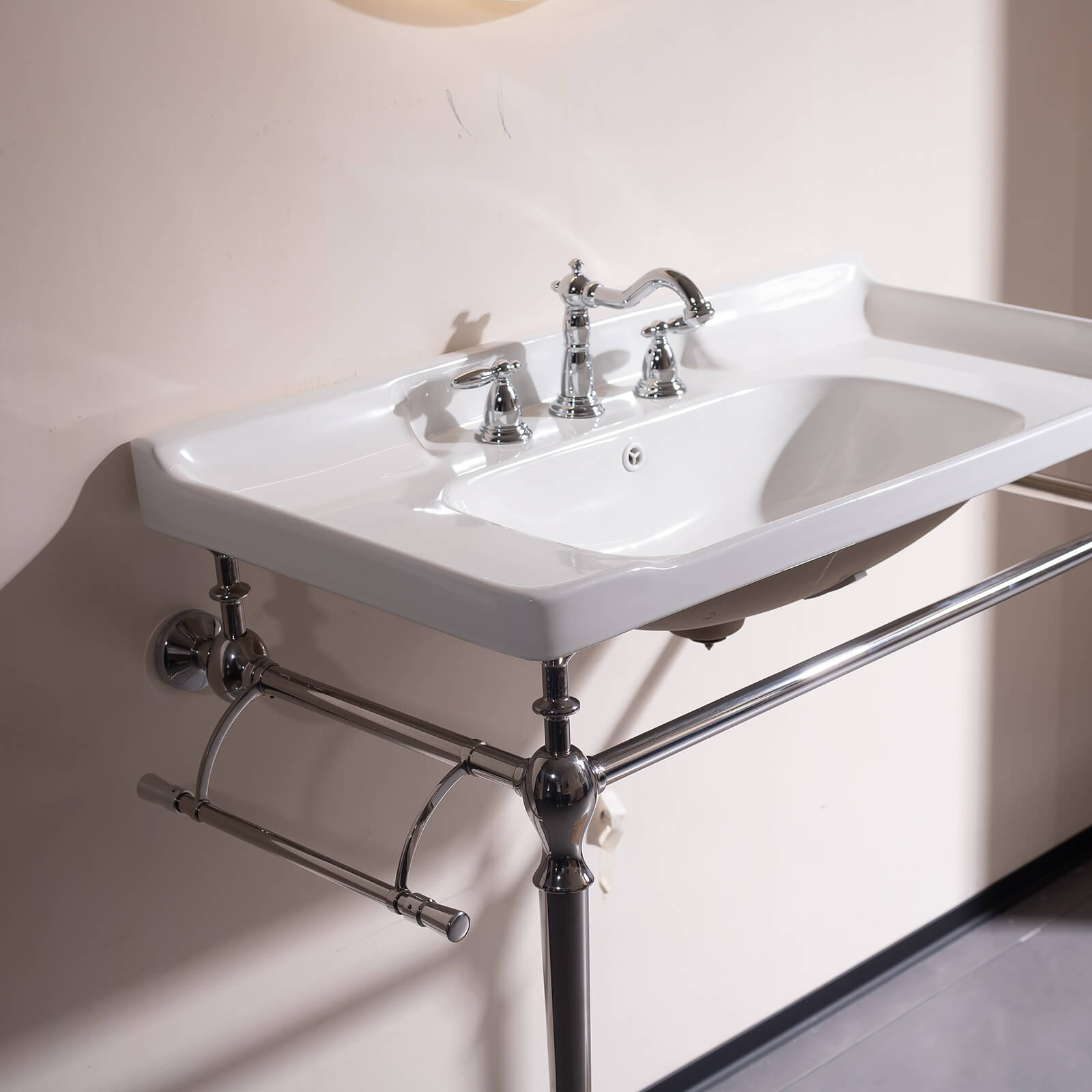 36 inch white ceramic console bathroom sink with chrome legs   modern minimalist design