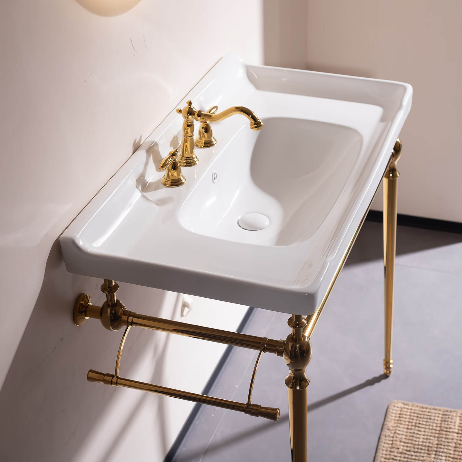 36 inch white ceramic console bathroom sink with gold legs   classic modern vanity