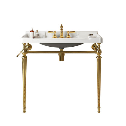36 inch white ceramic console sink with gold legs