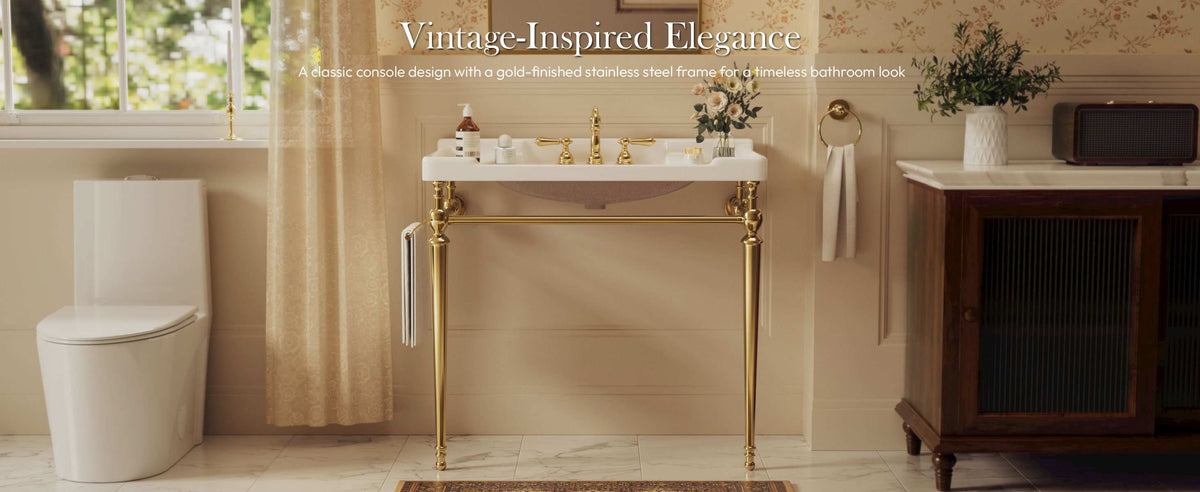36 inch white ceramic console sink with gold metal legs a plus desktop vintage bathroom overview