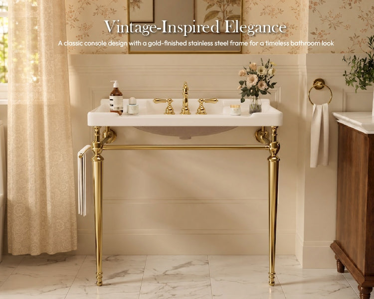 36 inch white ceramic console sink with gold metal legs a plus mobile vintage bathroom overview