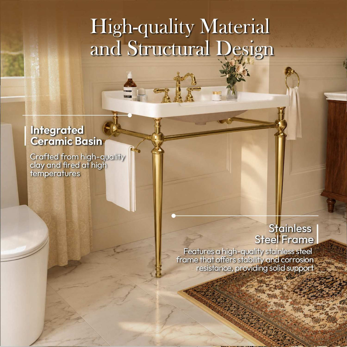 Fregadero de consola de cerámica blanca de 91 cm con patas de metal dorado.