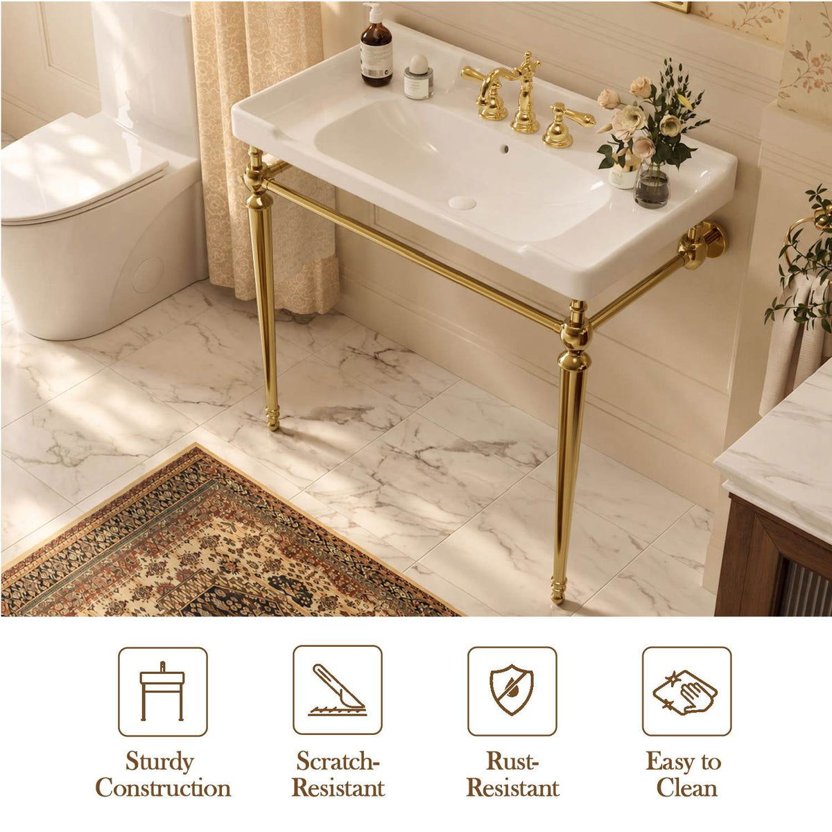 Fregadero de consola de cerámica blanca de 91 cm con patas de metal dorado.