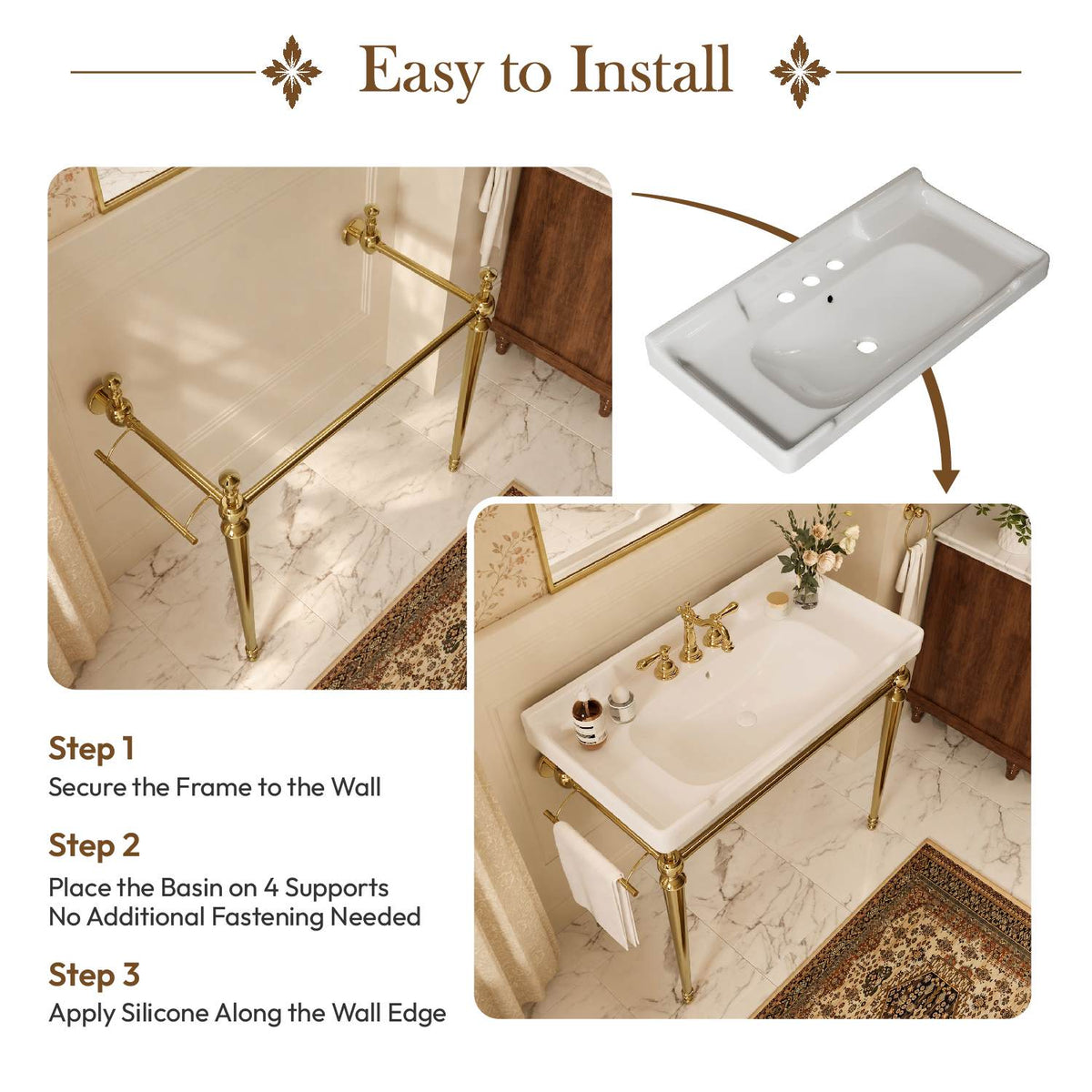 Fregadero de consola de cerámica blanca de 91 cm con patas de metal dorado.