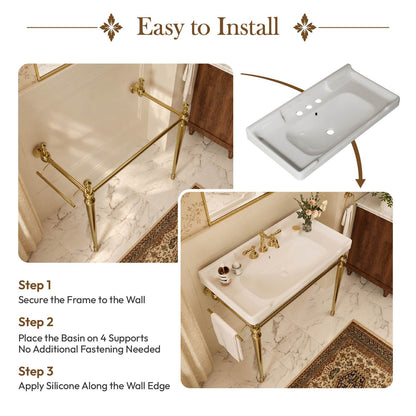 Fregadero de consola de cerámica blanca de 91 cm con patas de metal dorado.