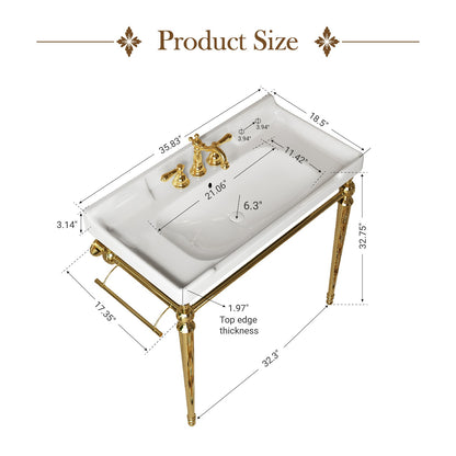 Fregadero de consola de cerámica blanca de 91 cm con patas de metal dorado.